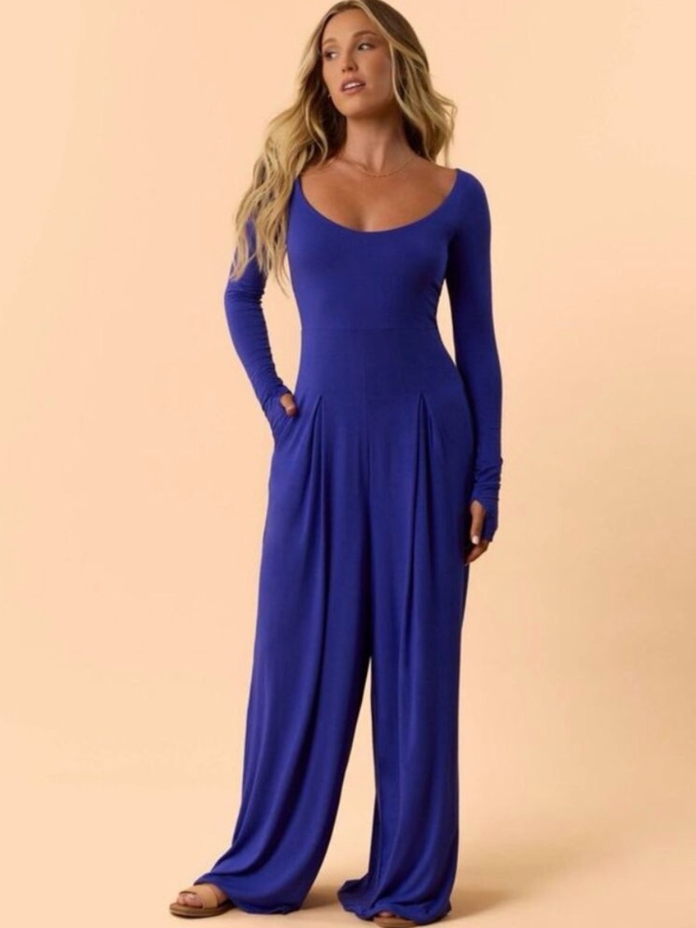 NWT - L - Blogilates Long Sleeve Scoop Neck Wide-Leg Jumpsuit in Royal Blue